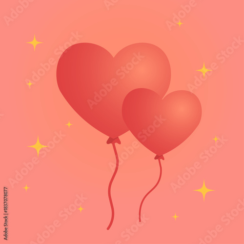 Heart balloons illustration. Two heart balloon forms. Sunset gradient background. Tiny sparkle detail. Minimal romantic sky composition.