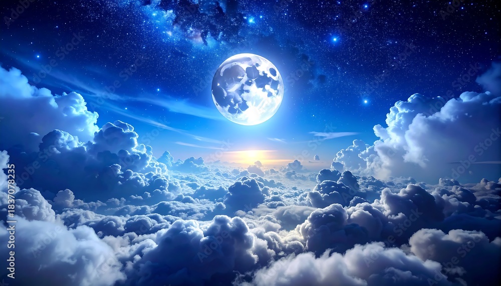Obraz premium Breathtaking moonlit clouds below, twinkling stars above, sky gradient. Ethereal, magical scene