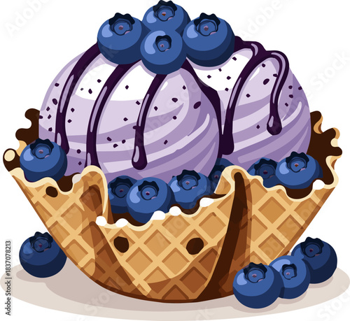 Create a kinds of deferent two scoops of blueberry ice cream in a waffle bowl topped with blueberries, on a white background..