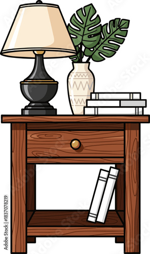 Create a brown wooden nightstand holds a classic lamp, a decorative vase with green leaves, and white books, Vector art with white background.