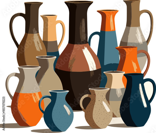 Create a various ceramic pitchers in a balanced, minimalist composition. vector art with white background.