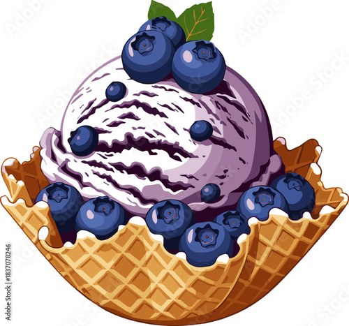 Create a kinds of deferent two scoops of blueberry ice cream in a waffle bowl topped with blueberries, on a white background..