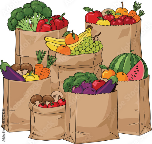 Create a kinds of deferent brown paper bag is full of fresh healthy vegetables and fruits, showing vibrant colors image is ready for use. Vector art with a white background..