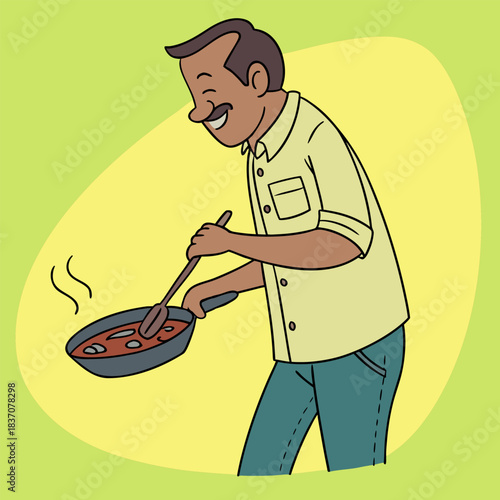 Smiling man preparing a meal while stirring food in a pan in a simple colorful illustration
