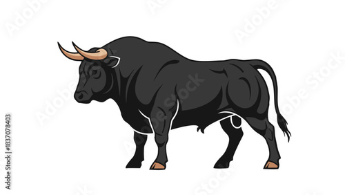 A Black Bull Standing Proudly With Powerful Musculature And Majestic Horns On A Black Background