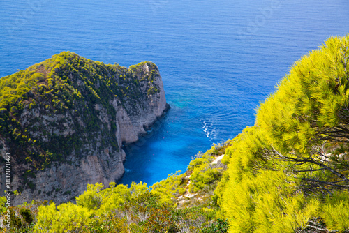 Navagio beach bay on Zakynthos island in Greece. Beautiful blue turquoise water.