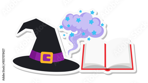A Black Witch Hat With A Purple Ribbon And Gold Buckle Rests Near An Open White Book With A Red Cover And A Swirl Of Purple Magic With Blue Stars Emerging From The Book