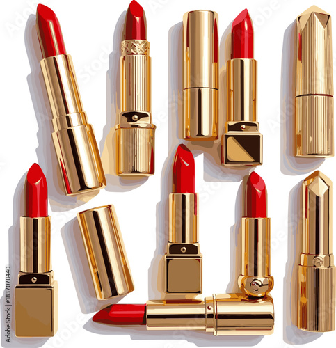 Create a kinds of deferent Gold casing red lipstick vector art with white background..
