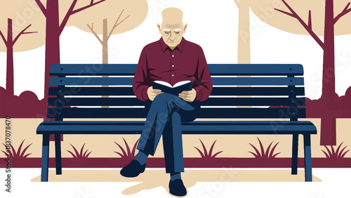 Senior man reading a book on a park bench in an autumnal setting. Solitary elderly person enjoying leisure time and relaxation, retirement lifestyle concept, flat vector illustration.