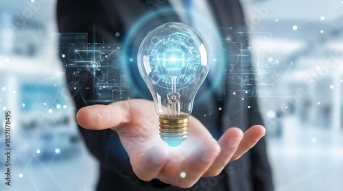 Innovation in Business: Glowing Light Bulb with Digital Brain