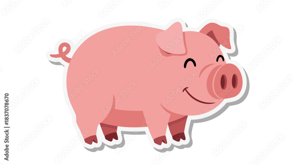 Fototapeta premium A Cheerful Pink Pig With a Curled Tail and Closed Eyes Smiles Happily on a Transparent Background