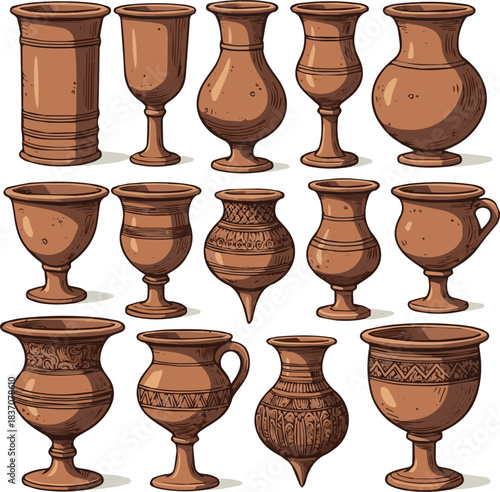 Create a kinds of deferent natural Ancient terracotta goblet vector art with white background.