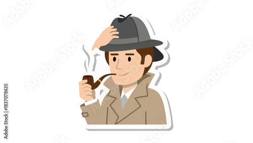 A Cartoon Man Wearing a Trench Coat and Fedora Hat Holding a Pipe and Tipping His Hat with a Mysterious Smile on a Black Background