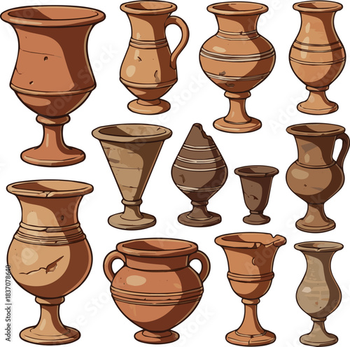 Create a kinds of deferent natural Ancient terracotta goblet vector art with white background.