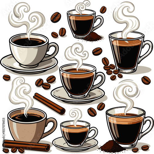 Create a kinds of deferent natural Aromatic cup of black coffee vector art with white background.