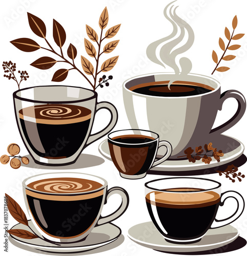 Create a kinds of deferent natural Aromatic cup of black coffee vector art with white background.