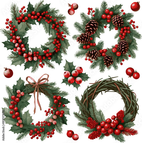 Create a kinds of deferent natural festive Christmas wreath features frosted red berries, green leaves, and natural branches, holiday designs. vector art with white background.