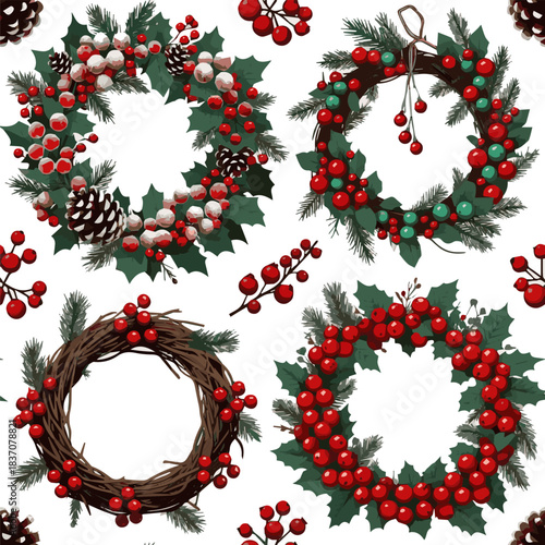 Create a kinds of deferent natural festive Christmas wreath features frosted red berries, green leaves, and natural branches, holiday designs. vector art with white background.
