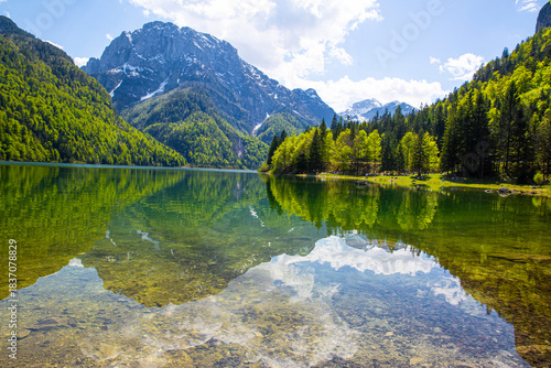 A magnificent landscape of Lake Del Predil (lago Del Predil) in Italy. Beautiful alpine lake, surrounded by Julian Alps. 