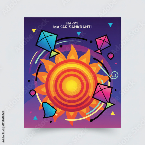 A vibrant abstract illustration of the sun radiating light, featuring kites and wheat stalks, symbolizing the Indian festival of Makar Sankranti as the festival of light and harvest.