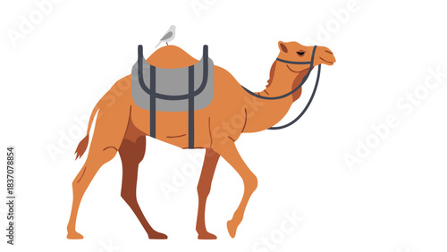 A desert camel with a saddle and a bird on its hump walking across a black background with soft lighting and detailed pixel art style.