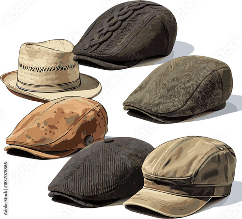 Create a kinds of deferent natural flat cap vector art with white background.
