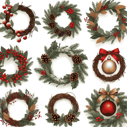 Create a kinds of deferent natural festive Christmas wreath features frosted red berries, green leaves, and natural branches, holiday designs. vector art with white background.