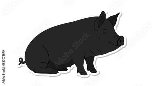 A Detailed Illustration of a Black Pig Sitting Calmly in a Side Profile Against a Plain Black Background with a White Outline Emphasizing its Form and Texture