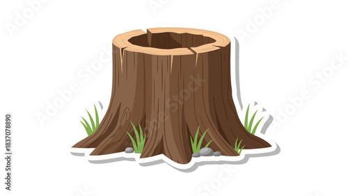 A Detailed Illustration of a Brown Tree Stump Surrounded by Green Grass with a White Outline on a Black Background