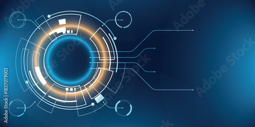 Futuristic tech HUD interface with glowing circular elements and circuit lines