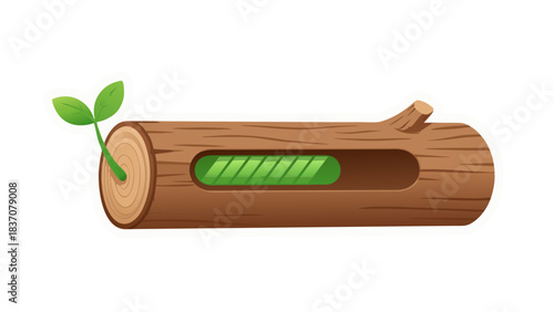 A Detailed Illustration of a Wooden Log with a Sprouting Seedling and a Green Progress Bar Inside its Hollow Section on a Transparent Background Representing Growth and Development
