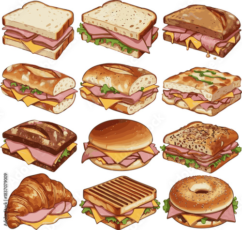 Create a kinds of deferent Delicious ham and cheese sandwich with lettuce vector art with white background. vector art with white background.