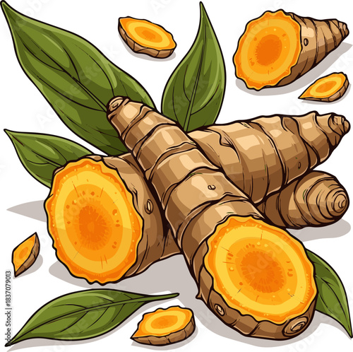 Create a kinds of deferent natural Fresh turmeric root and powder vector art with white background.