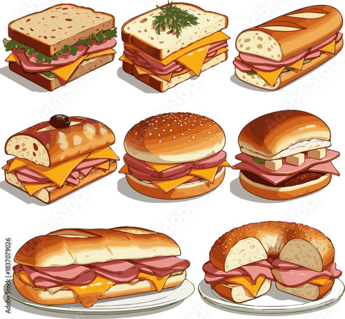 Create a kinds of deferent Delicious ham and cheese sandwich with lettuce vector art with white background. vector art with white background.