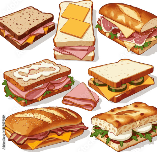 Create a kinds of deferent Delicious ham and cheese sandwich with lettuce vector art with white background. vector art with white background.