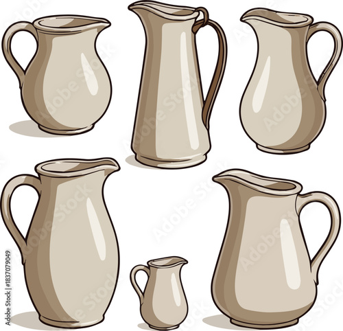 Create a various ceramic pitchers in a balanced, minimalist composition. vector art with white background.