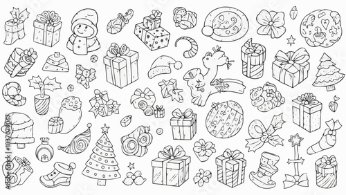 Christmas themed line art illustrations of various festive objects.