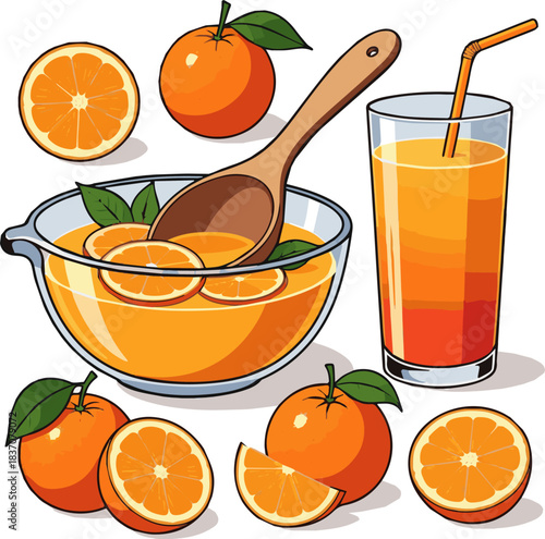 Create a kinds of deferent natural Fresh orange juice and oranges a healthy and vibrant drink vector art with white background.