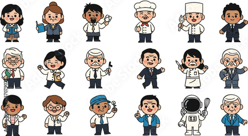 Large collection of diverse professional chibi cartoon characters vector illustration set. Various occupations including business people, chefs, doctors, students, and an astronaut