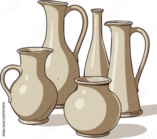 Create a various ceramic pitchers in a balanced, minimalist composition. vector art with white background.