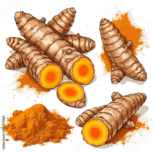 Create a kinds of deferent natural Fresh turmeric root and powder vector art with white background.