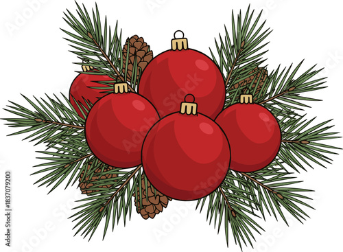 Create a kinds of deferent red christmas baubles an pine vector art with white background..