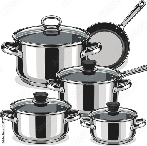 Create a kinds of deferent shiny stainless steel cooking pot with a clear glass lid vector art with white background.