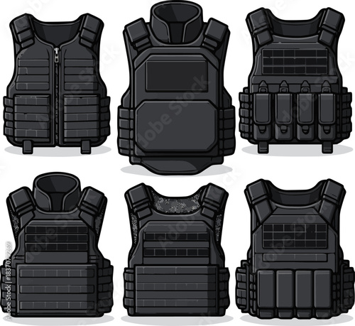 Create a kinds of deferent Tactical black body armor vest vector art with white background.