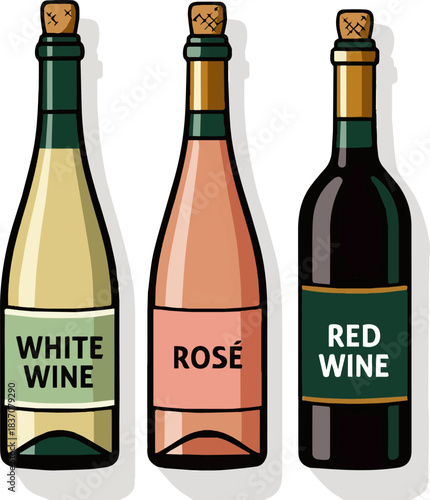 Create a kinds of deferent Three wine bottles - white, rose, and red vector art with white background.