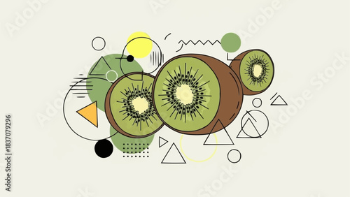 Abstract Kiwi Fruit Slices with Geometric Shapes Illustration.