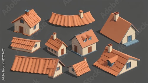 Collection of stylized houses with terracotta roofs.