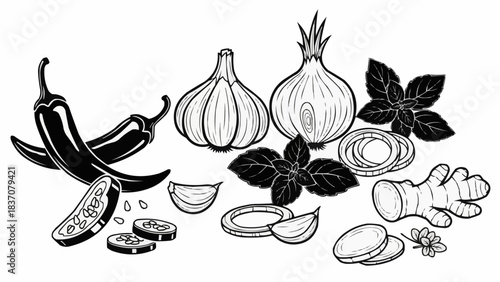 Assortment of Fresh Spices and Herbs in Black and White.