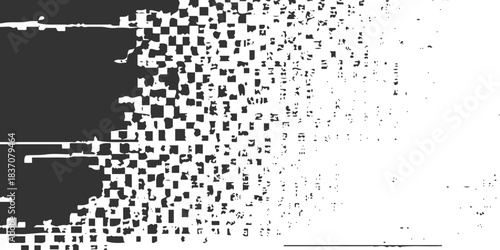 black and white glitch noise texture vector broken transmission. Glitch background. Abstract screen with noise effect. Glitchy noisy background texture with distorted screen pixel overlay effect.