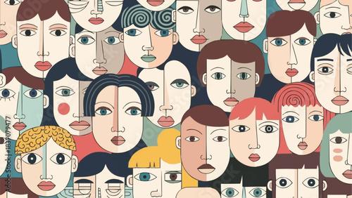 Diverse Crowd of Stylized Illustrated Human Faces Together.